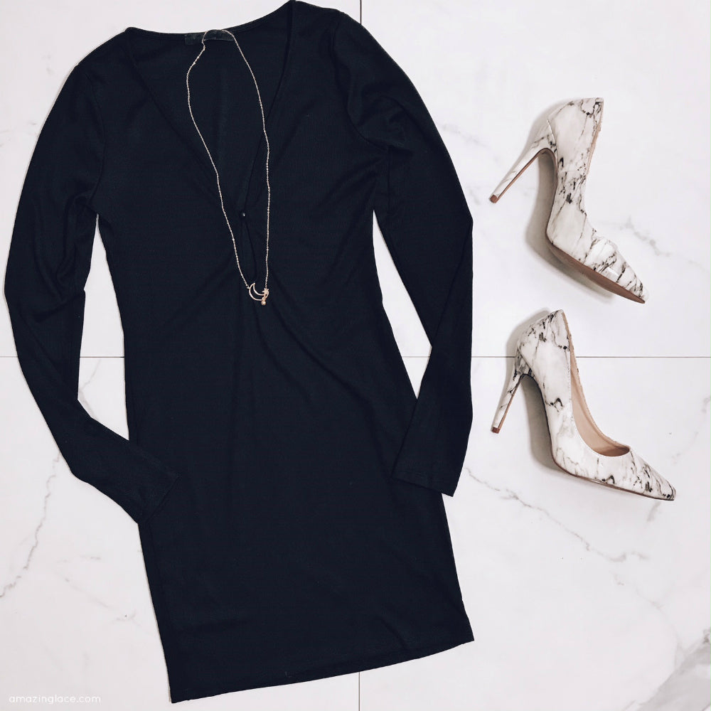 BLACK KEYHOLE DRESS AND MARBLE SHOES OUTFIT