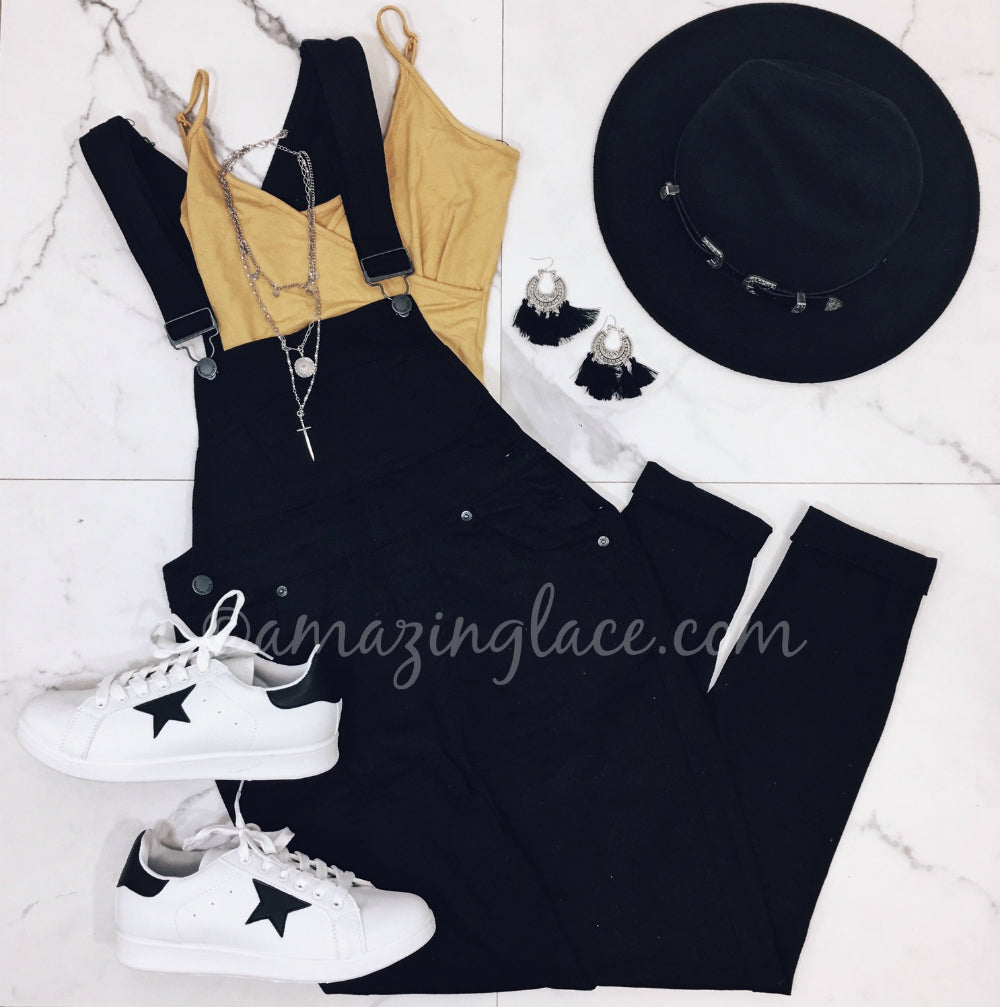 BLACK OVERALLS AND YELLOW BODYSUIT OUTFIT