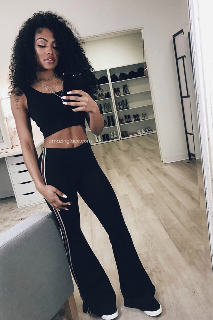 BLACK STRIPED FLARES AND CROP TOP OUTFIT