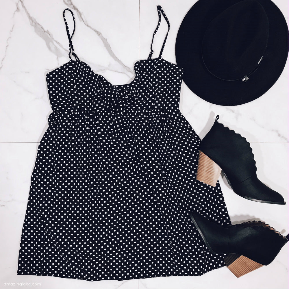 BLACK POLKA DOT DRESS AND BOOTIES OUTFIT