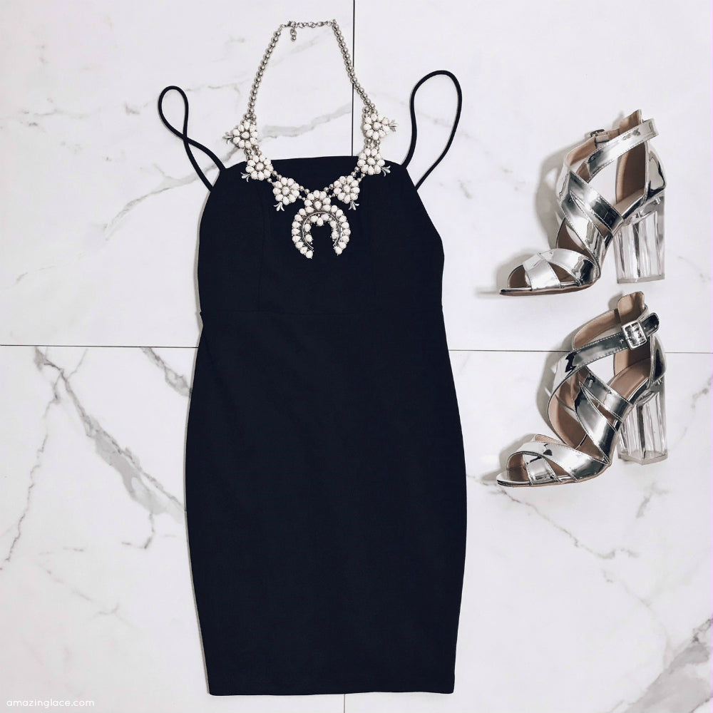 BLACK SATIN DRESS WITH SILVER HEELS OUTFIT