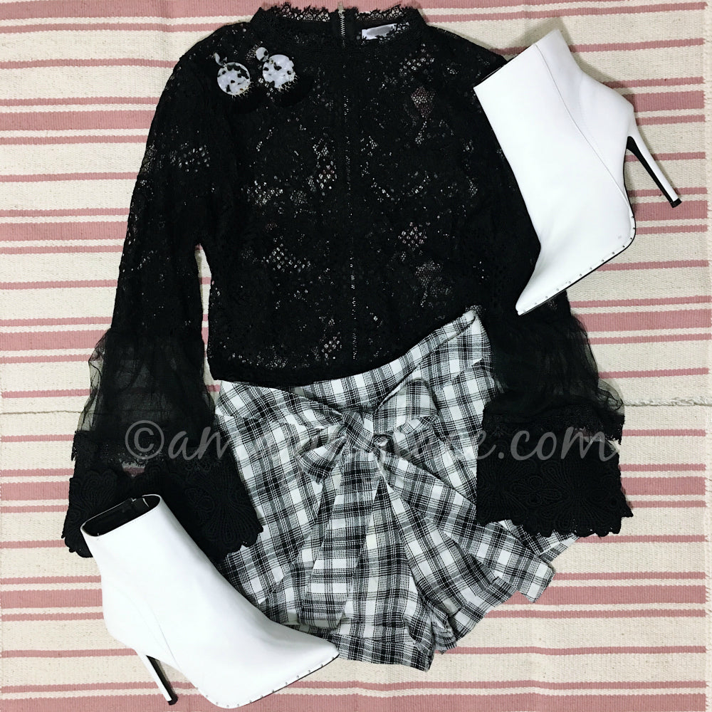 BLACK LACE TOP AND GINGHAM SHORTS OUTFIT