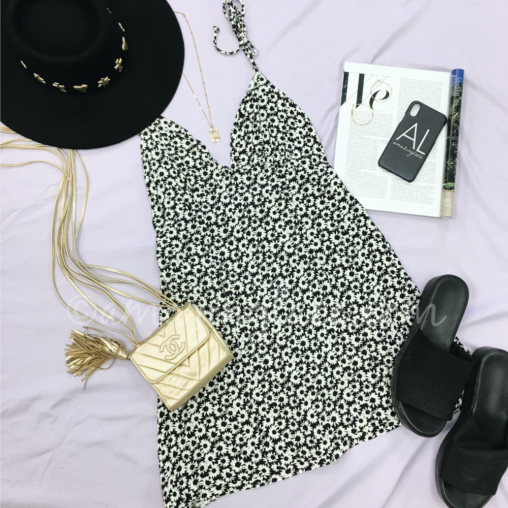 FLORAL DRESS AND BLACK SLIDES OUTFIT