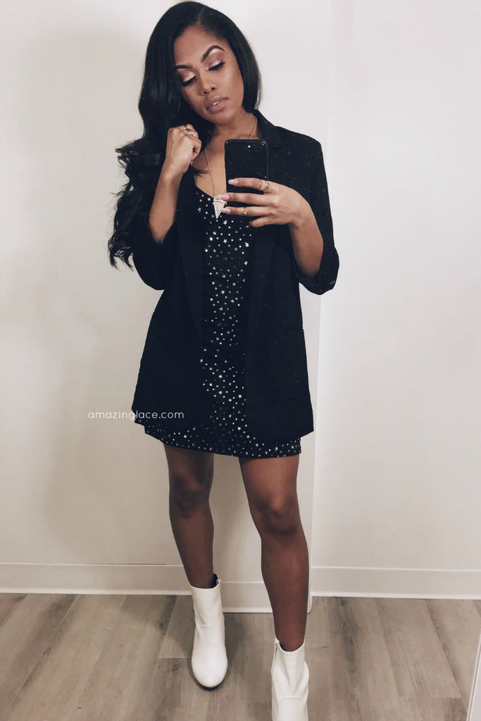 STAR DRESS WITH BLACK BLAZER OUTFIT