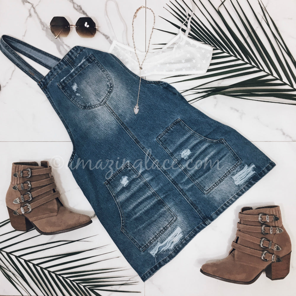 DENIM OVERALL DRESS AND BOOTS OUTFIT