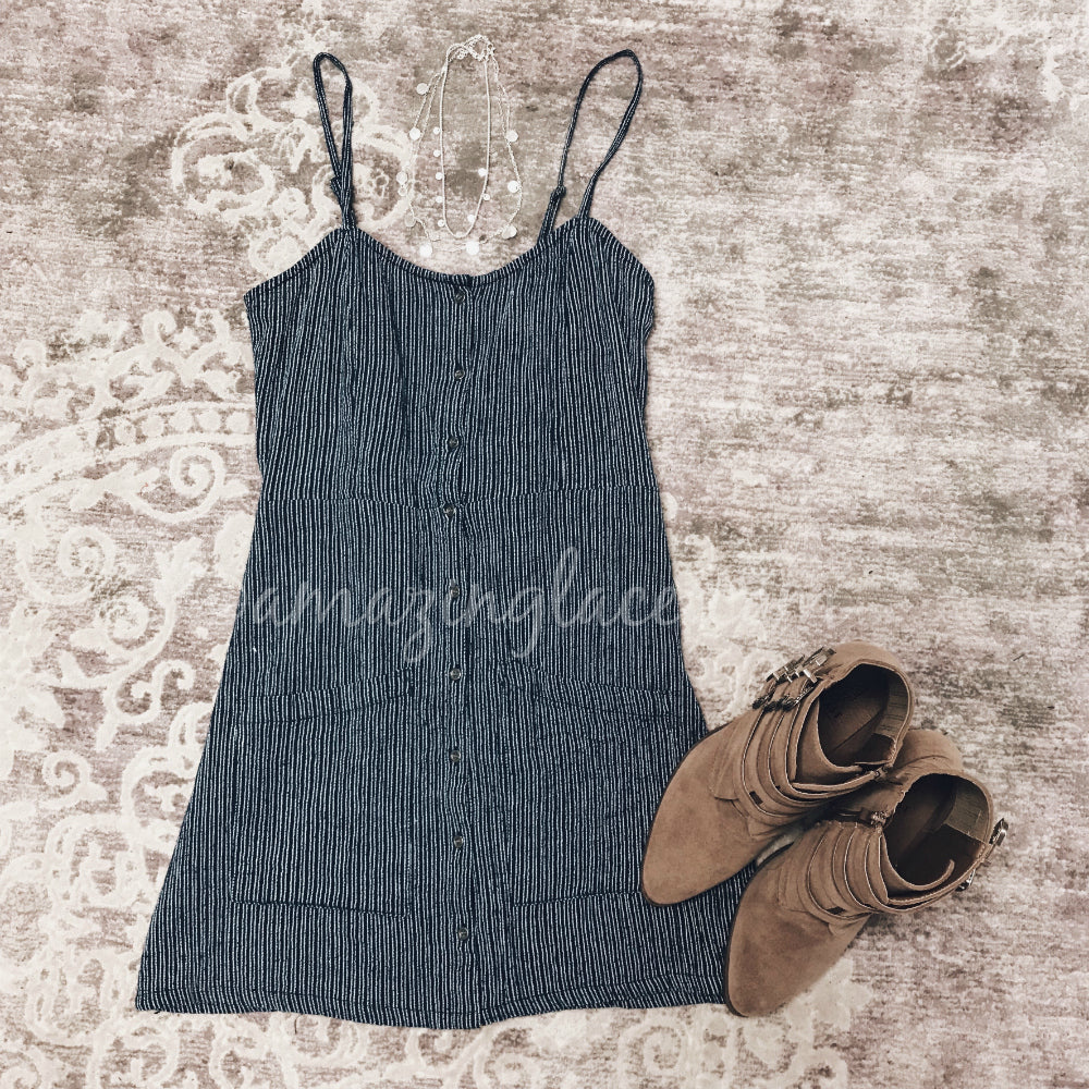 BLUE DRESS AND TAN BOOTIES OUTFIT