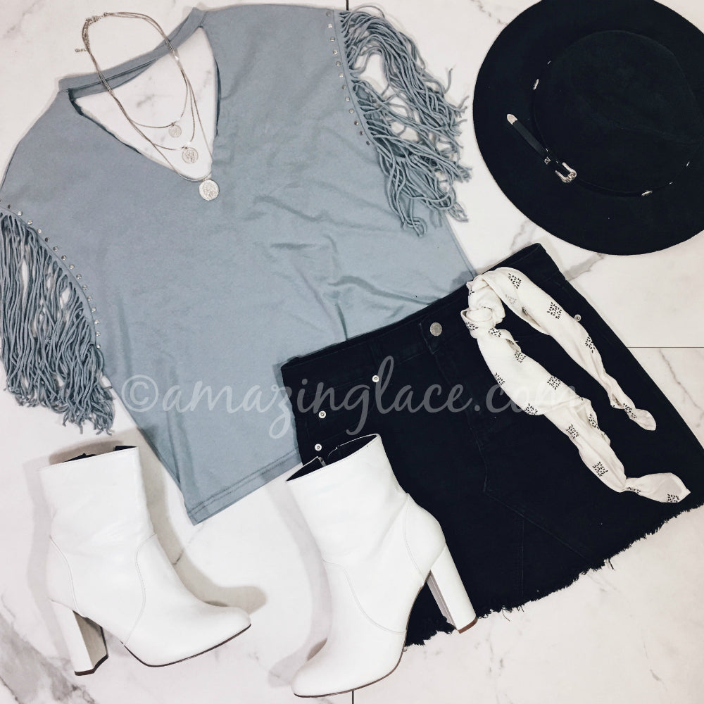 BLUE FRINGE TOP AND BLACK DENIM SKIRT OUTFIT