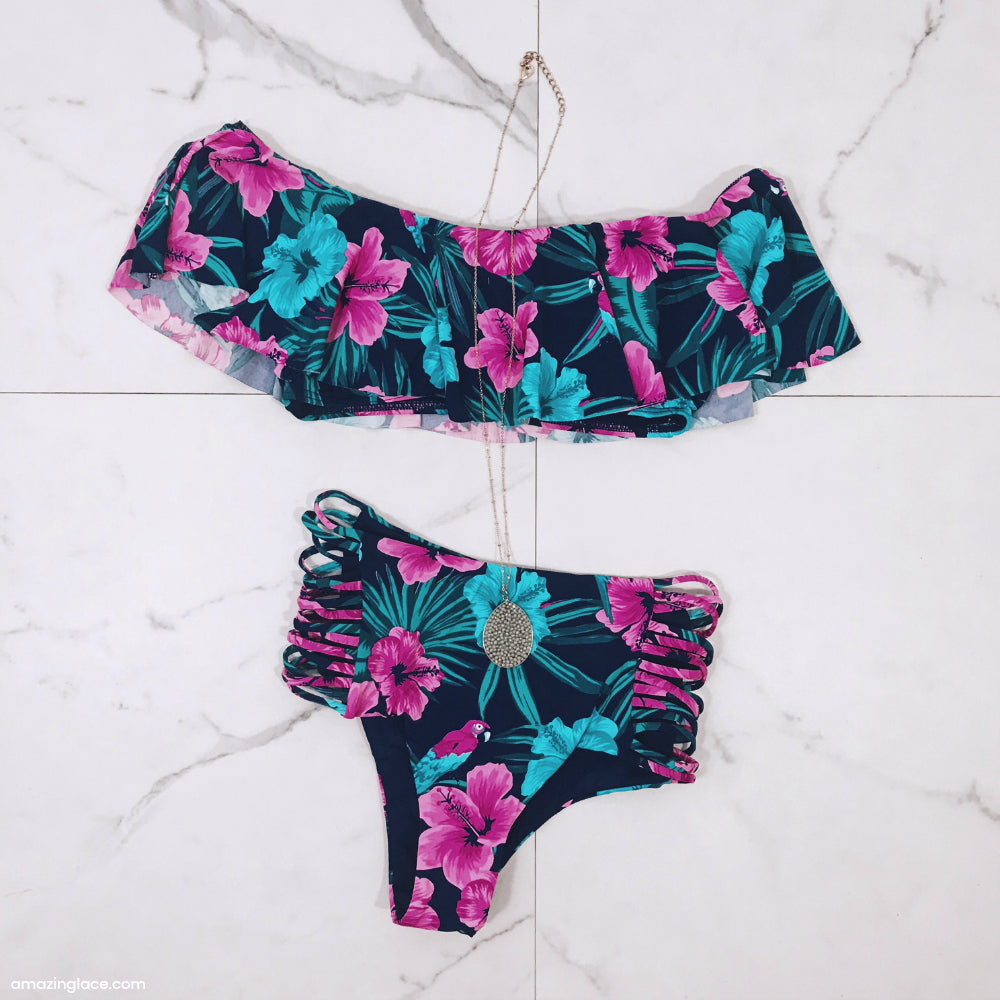 BLUE AND PINK RUFFLE BIKINI OUTFIT