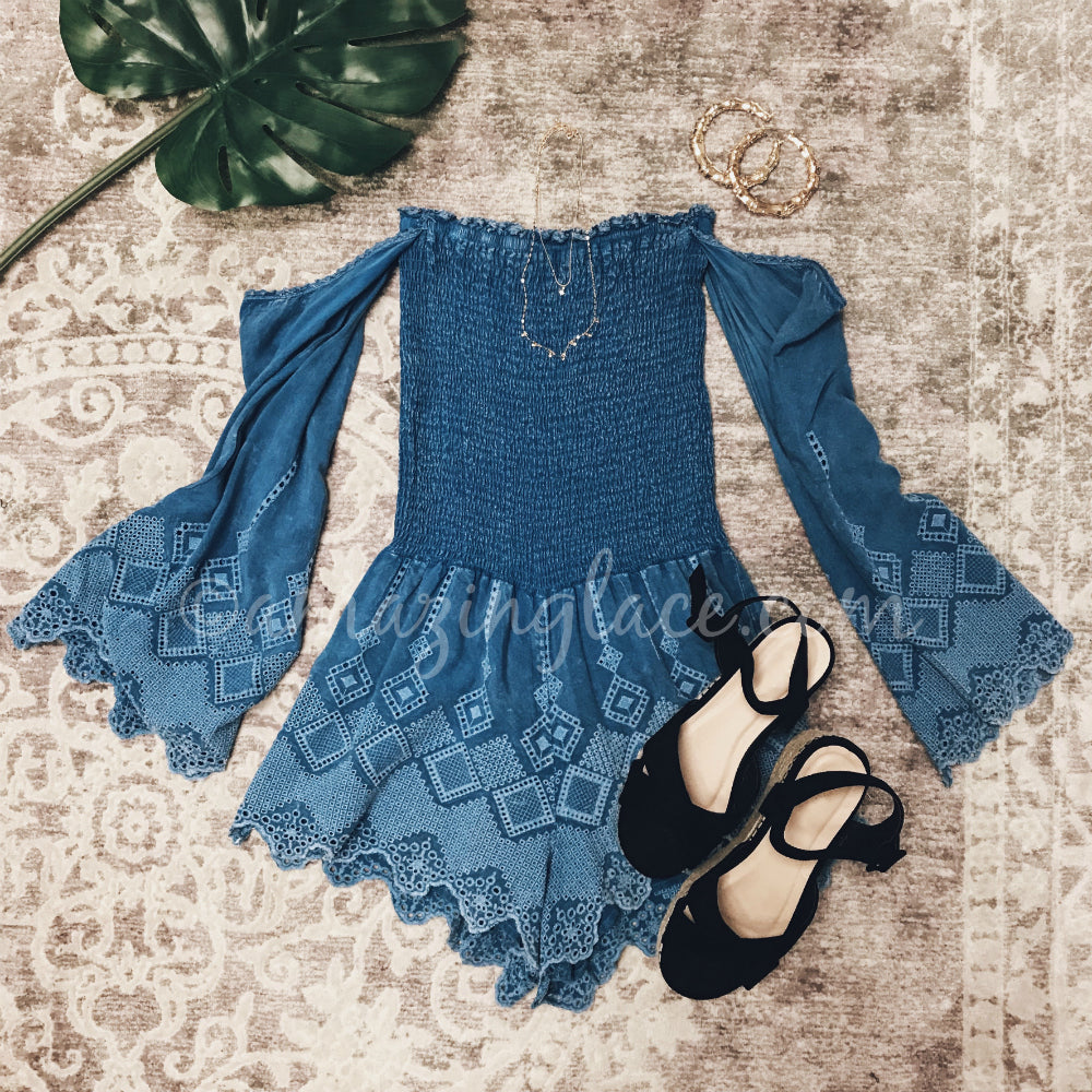 BLUE OFF SHOULDER ROMPER AND BLACK ESPADRILLES OUTFIT