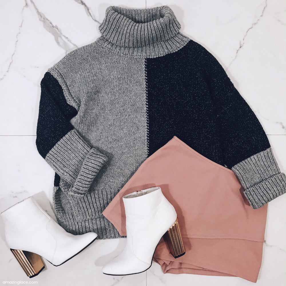 BLUE SWEATER AND MAUVE SKORT OUTFIT