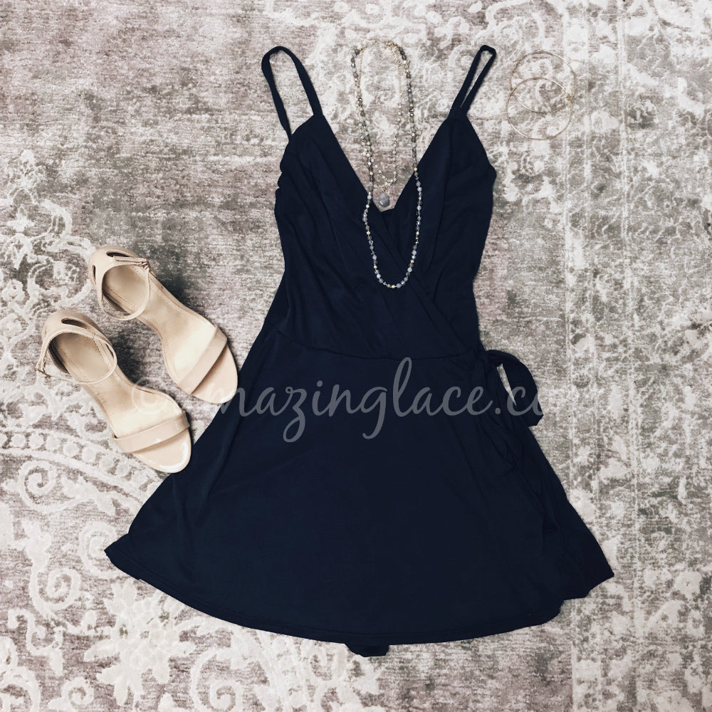 NAVY ROMPER AND HEELS OUTFIT