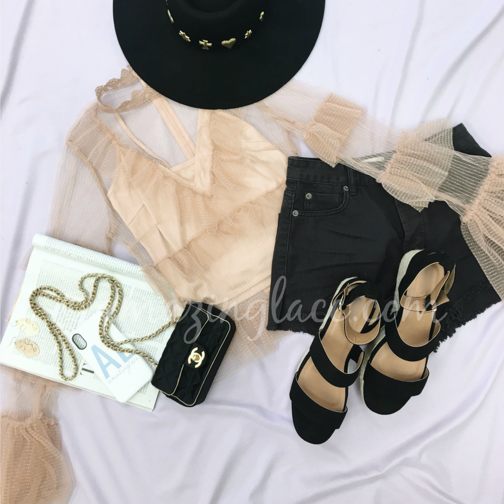 BLUSH MESH TOP AND BLACK PLATFORM ESPADRILLES OUTFIT