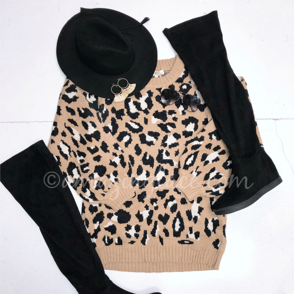 LEOPARD SWEATER AND KNEE HIGH BOOTS OUTFIT