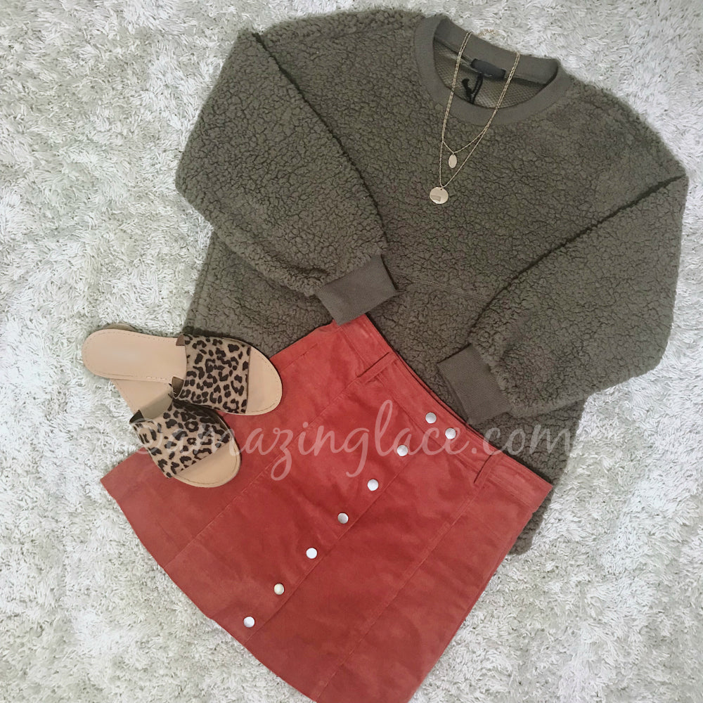 MOCHA SWEATER AND RUST CORDUROY SKIRT OUTFIT