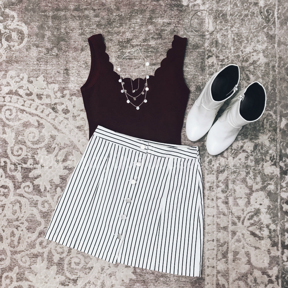 BURGUNDY BODYSUIT AND STRIPED SKIRT OUTFIT