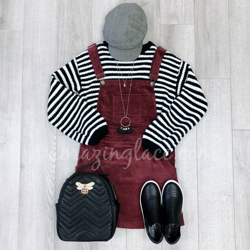 STRIPED AMUSE SWEATER AND CORDUROY OVERALLS OUTFIT