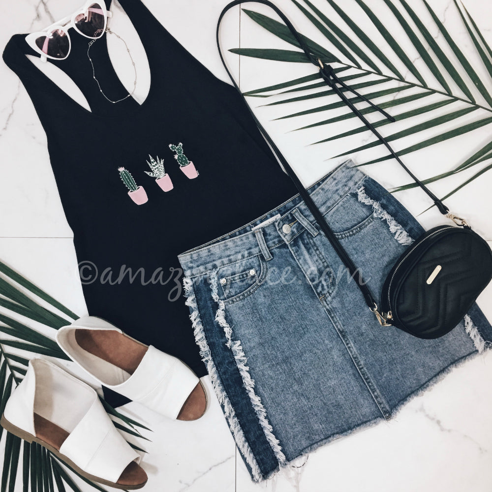 CACTUS TOP AND DENIM SKIRT OUTFIT
