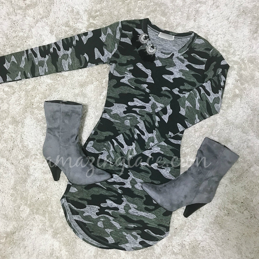 CAMO MINI DRESS AND GRAY BOOTIES OUTFIT