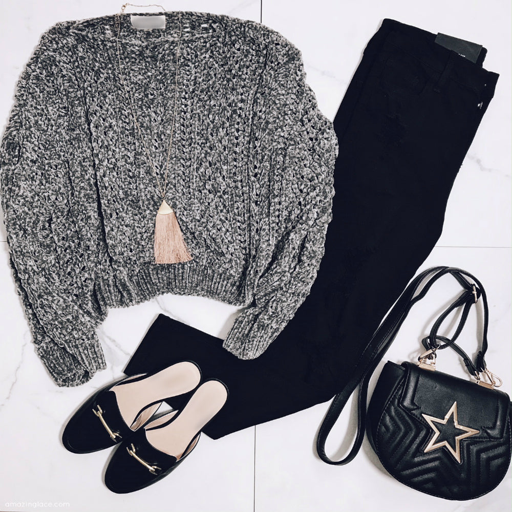 CHENILLE CROP TOP AND BLACK PANTS OUTFIT