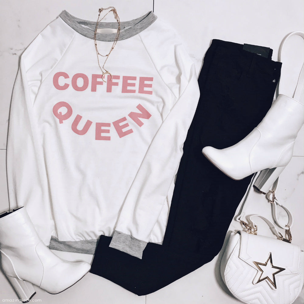 COFFEE QUEEN WHITE AND PINK TOP WITH BLACK PANTS OUTFIT