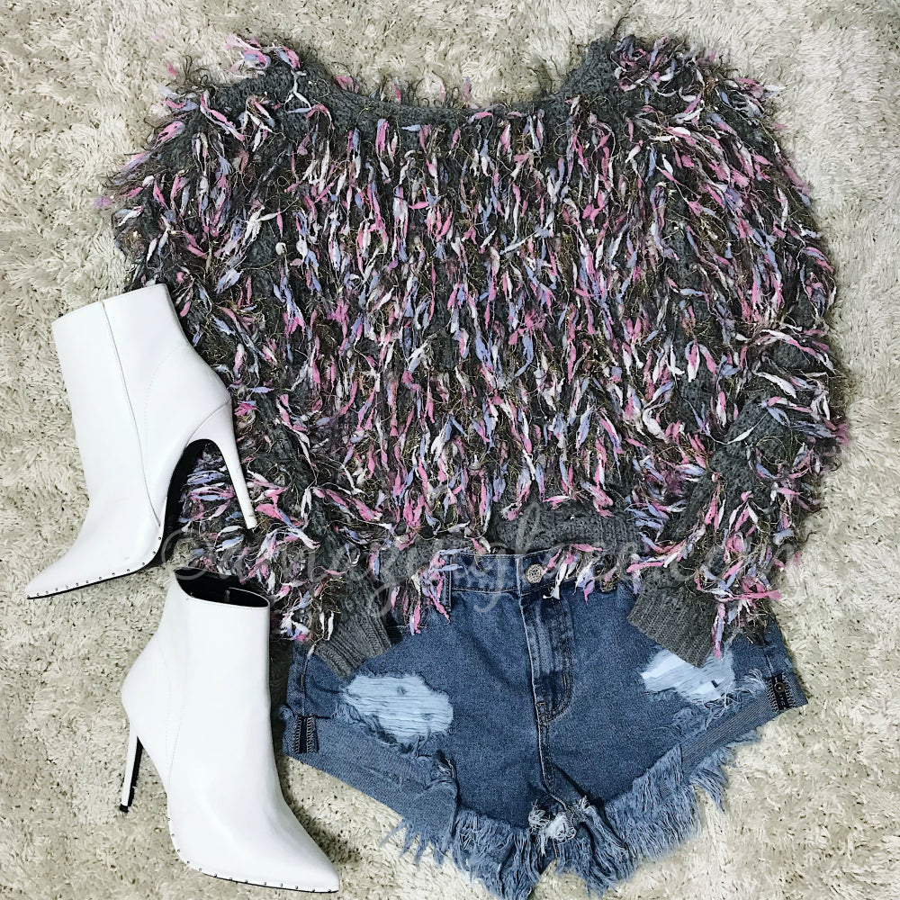 GRAY SHAG SWEATER AND WHITE BOOTS