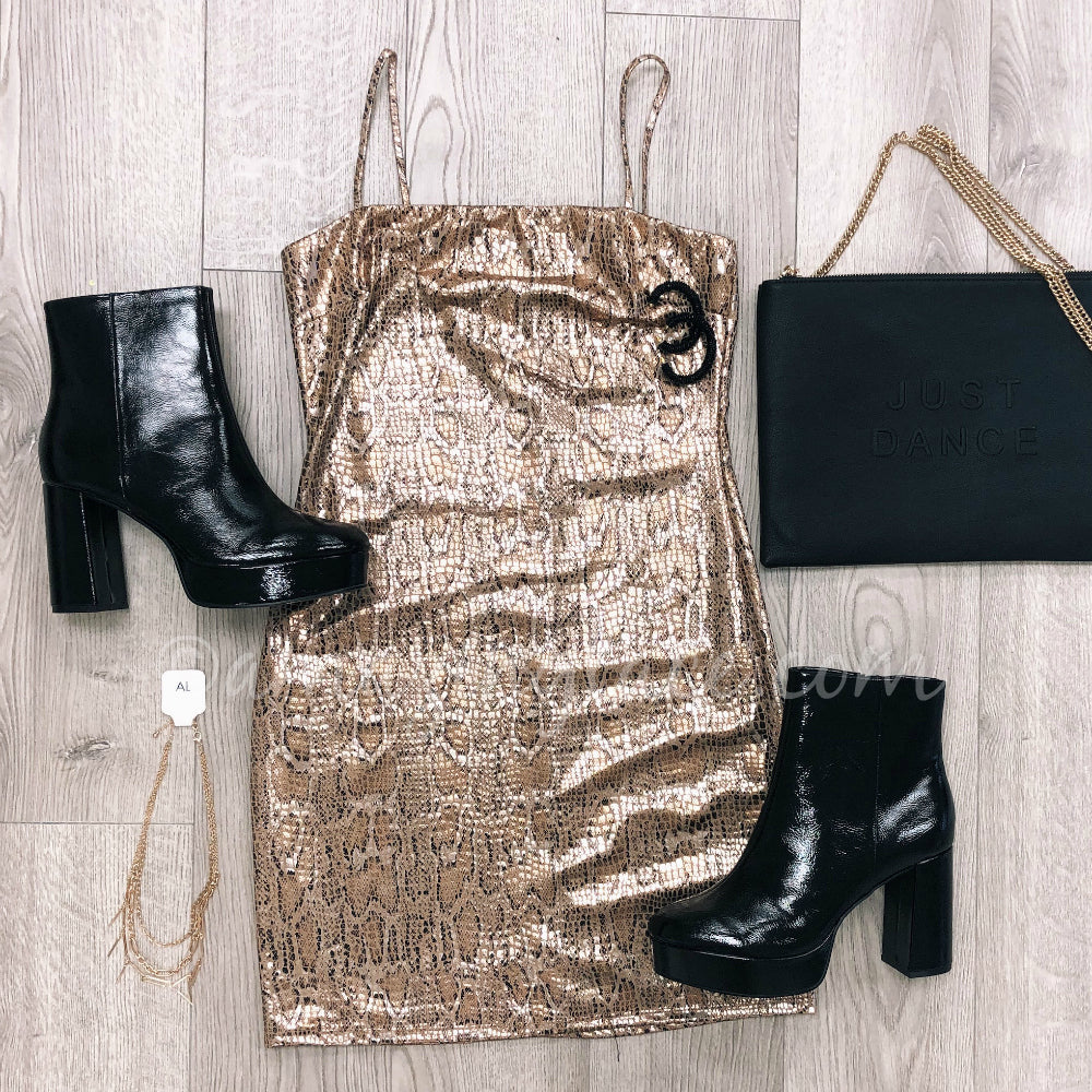 SNAKESKIN DRESS AND PATENT LEATHER CHINESE LAUNDRY BOOTS OUTFIT