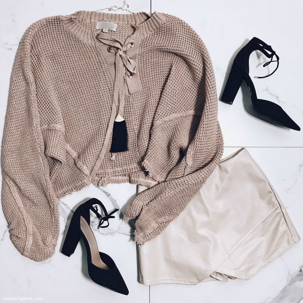 WAFFLE KNIT CROP TOP AND TAN LEATHER SKORT OUTFIT
