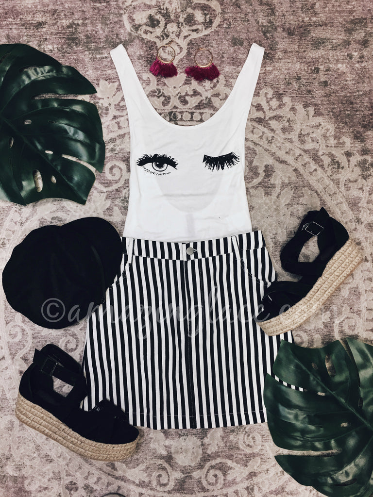 WHITE EYELASH BODYSUIT AND STRIPED SKIRT OUTFIT