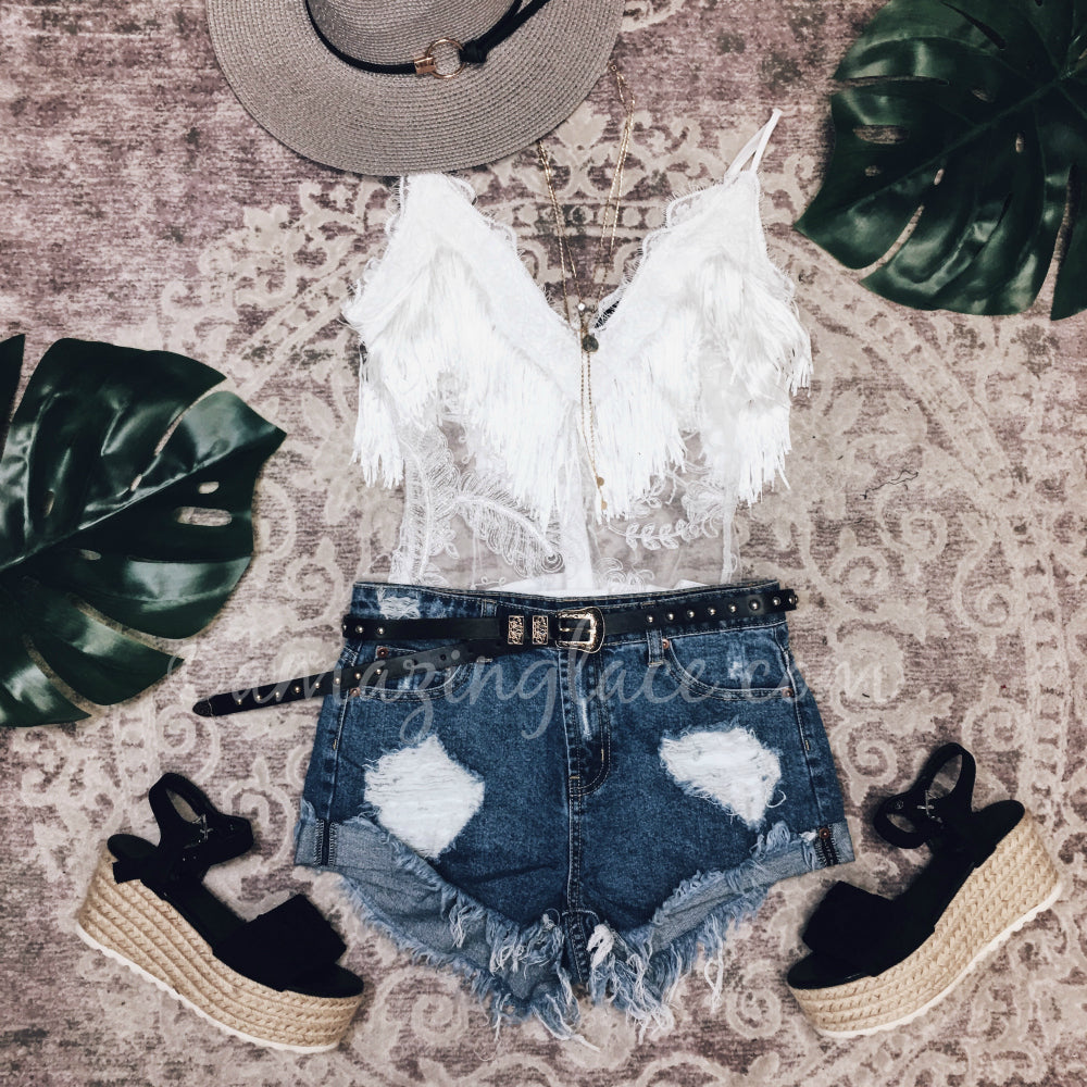 WHITE FRINGE BODYSUIT AND DENIM SHORTS OUTFIT