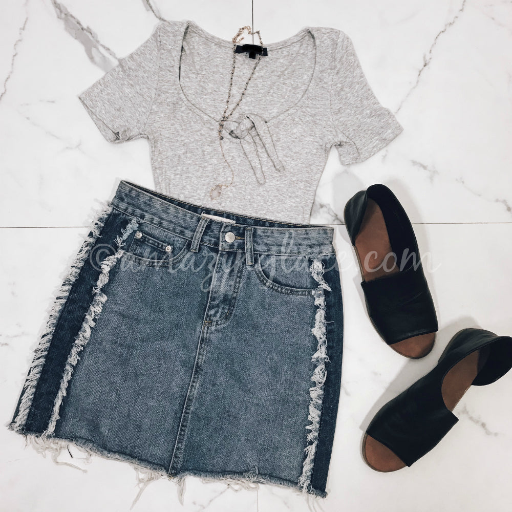 GRAY BODYSUIT AND DENIM SKIRT OUTFIT