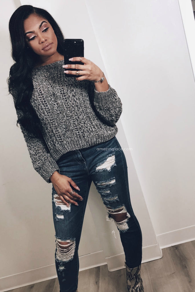 CROPPED CHENILLE SWEATER AND JEANS OUTFIT