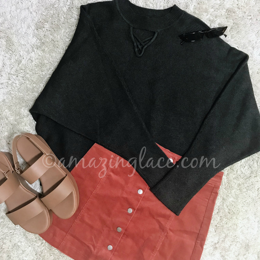 GRAY SWEATER AND RUST SKIRT OUTFIT