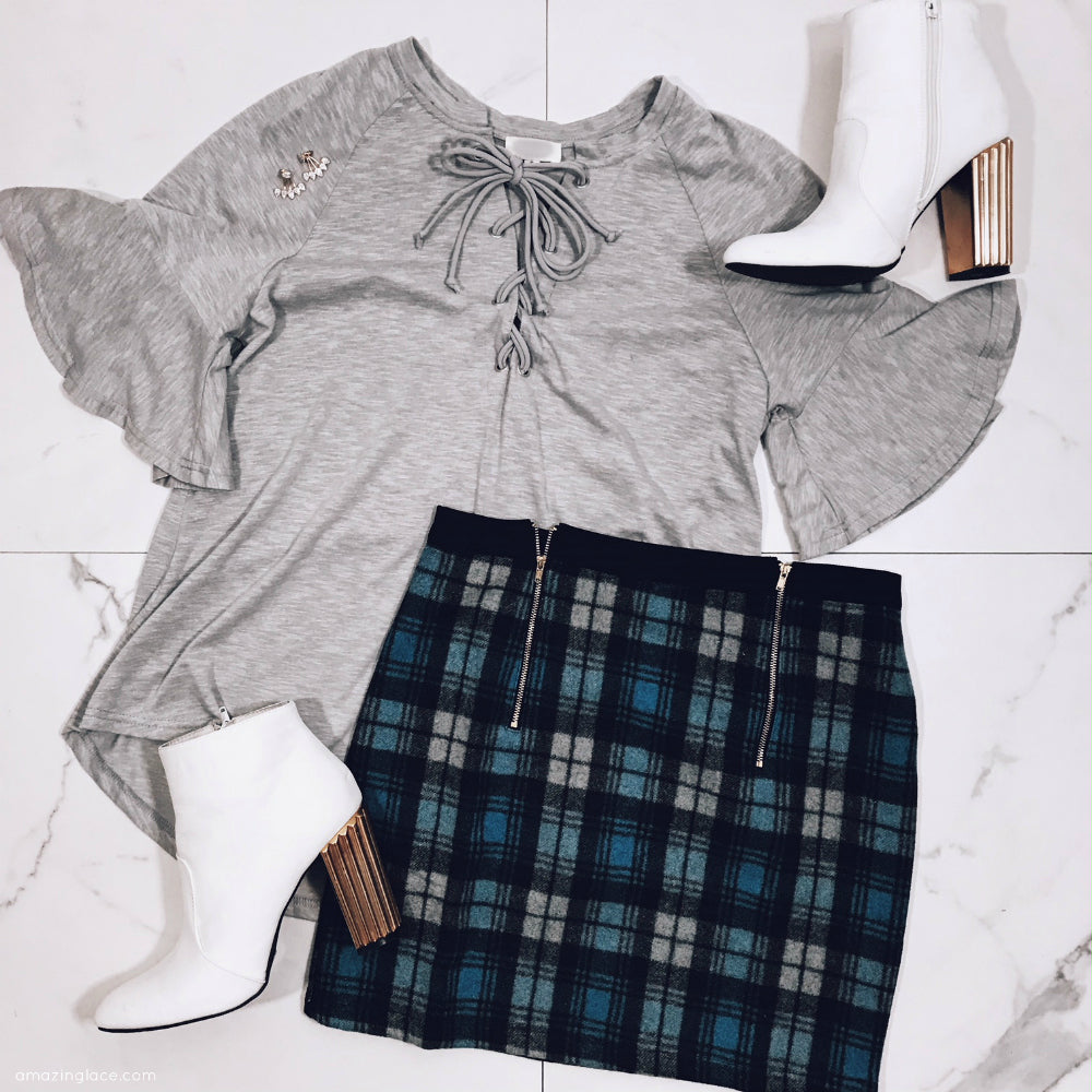 GRAY TOP AND BLUE PLAID SKIRT OUTFIT