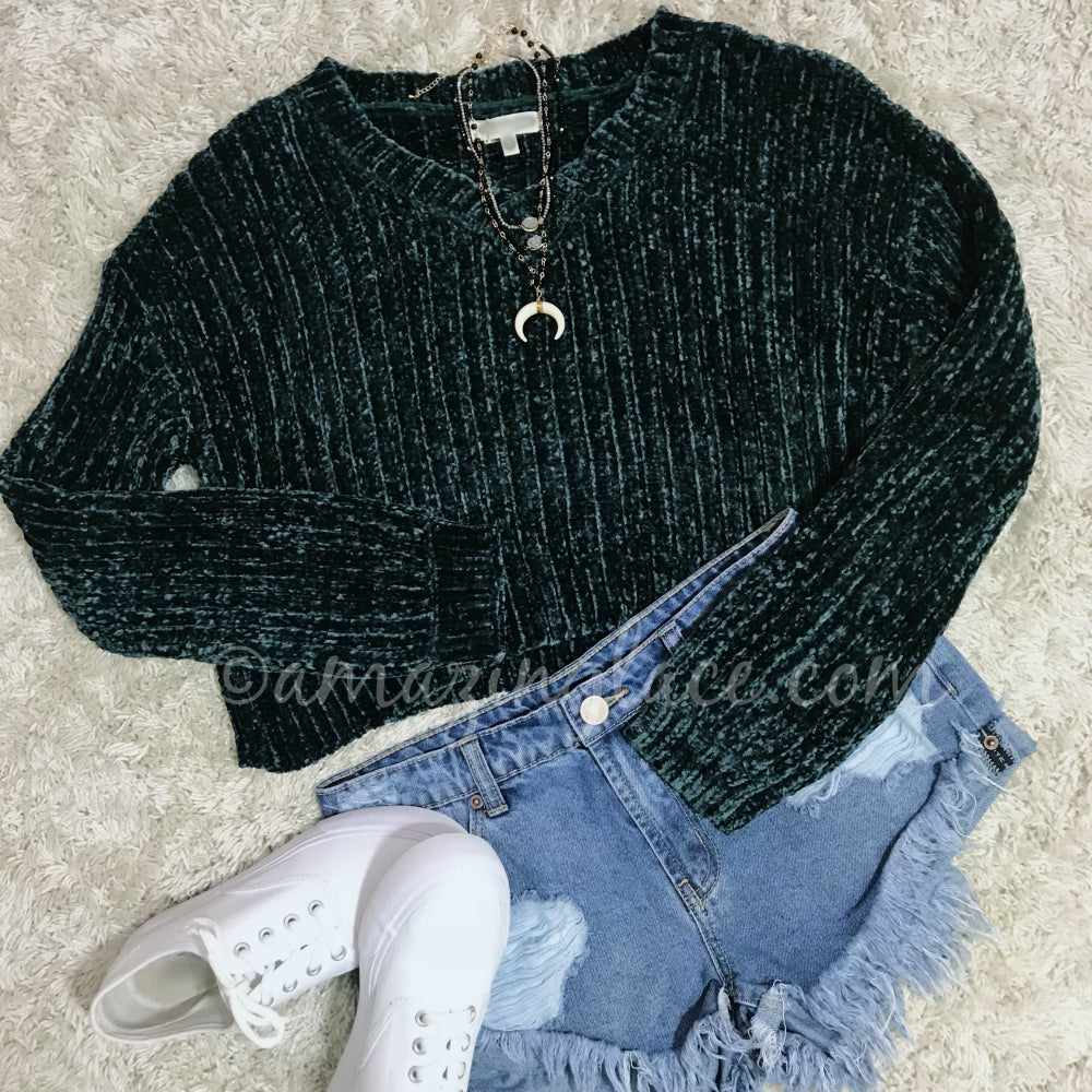 TEAL CHENILLE SWEATER AND SHORTS OUTFIT