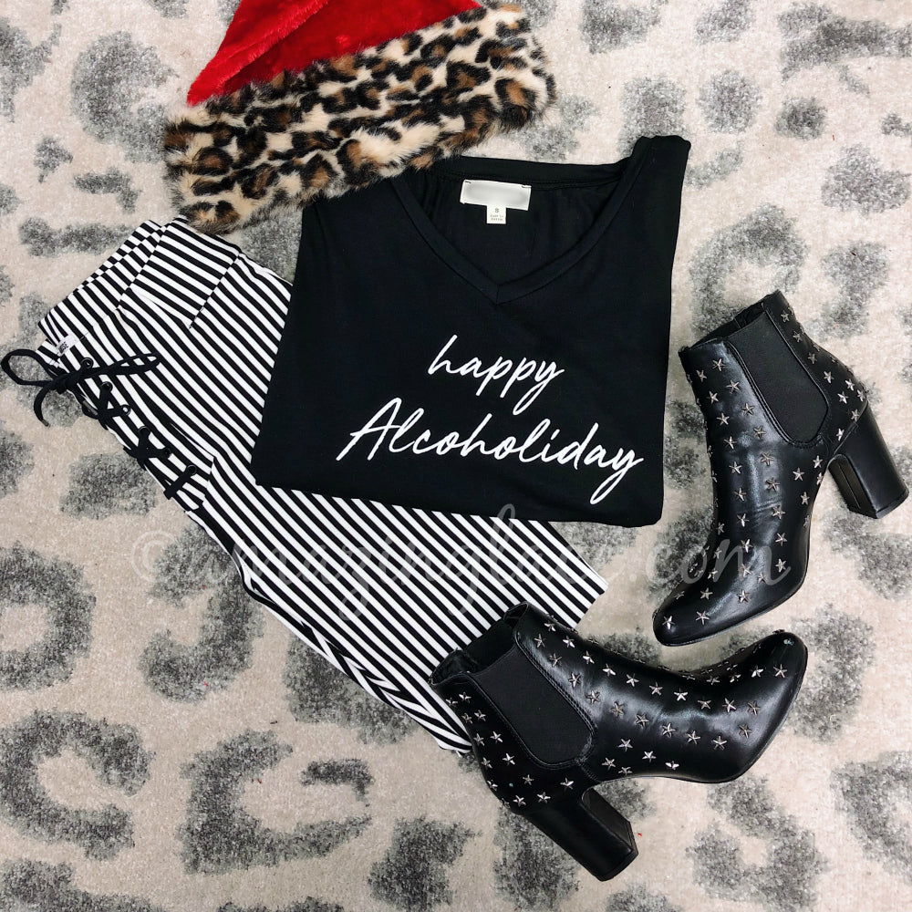 HAPPY ALCOHOLIDAYS AND STRIPED AMUSE PANTS OUTFIT