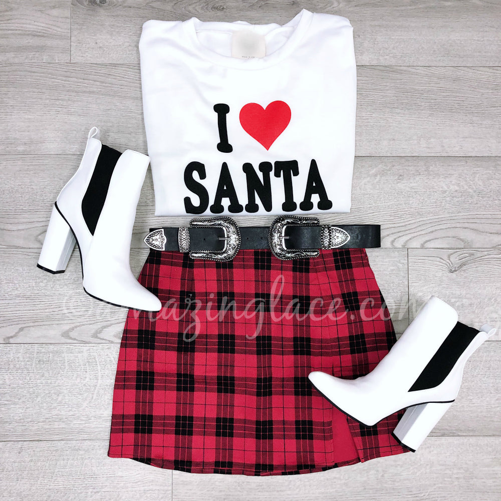 I LOVE SANTA TOP AND PLAID SKIRT OUTFIT
