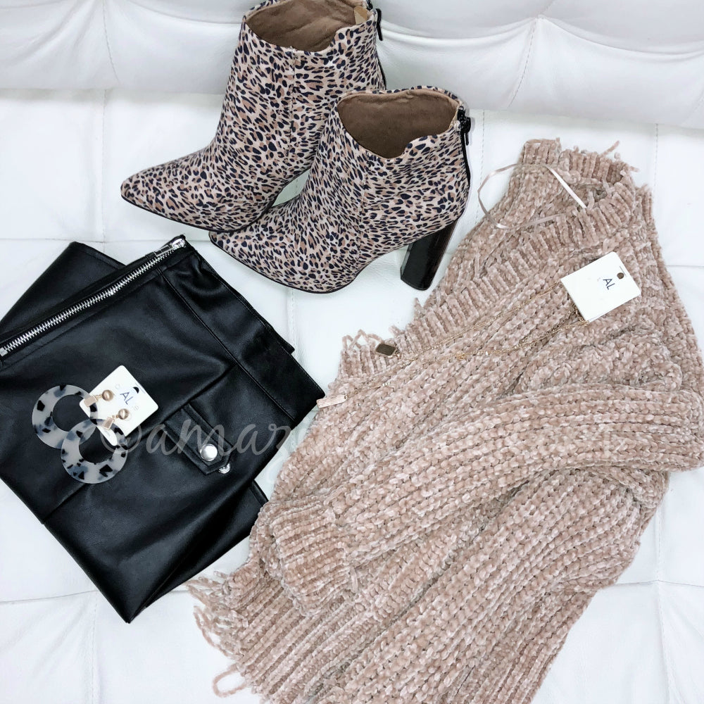 KHAKI CHENILLE SWEATER AND LEOPARD BOOTIES OUTFIT