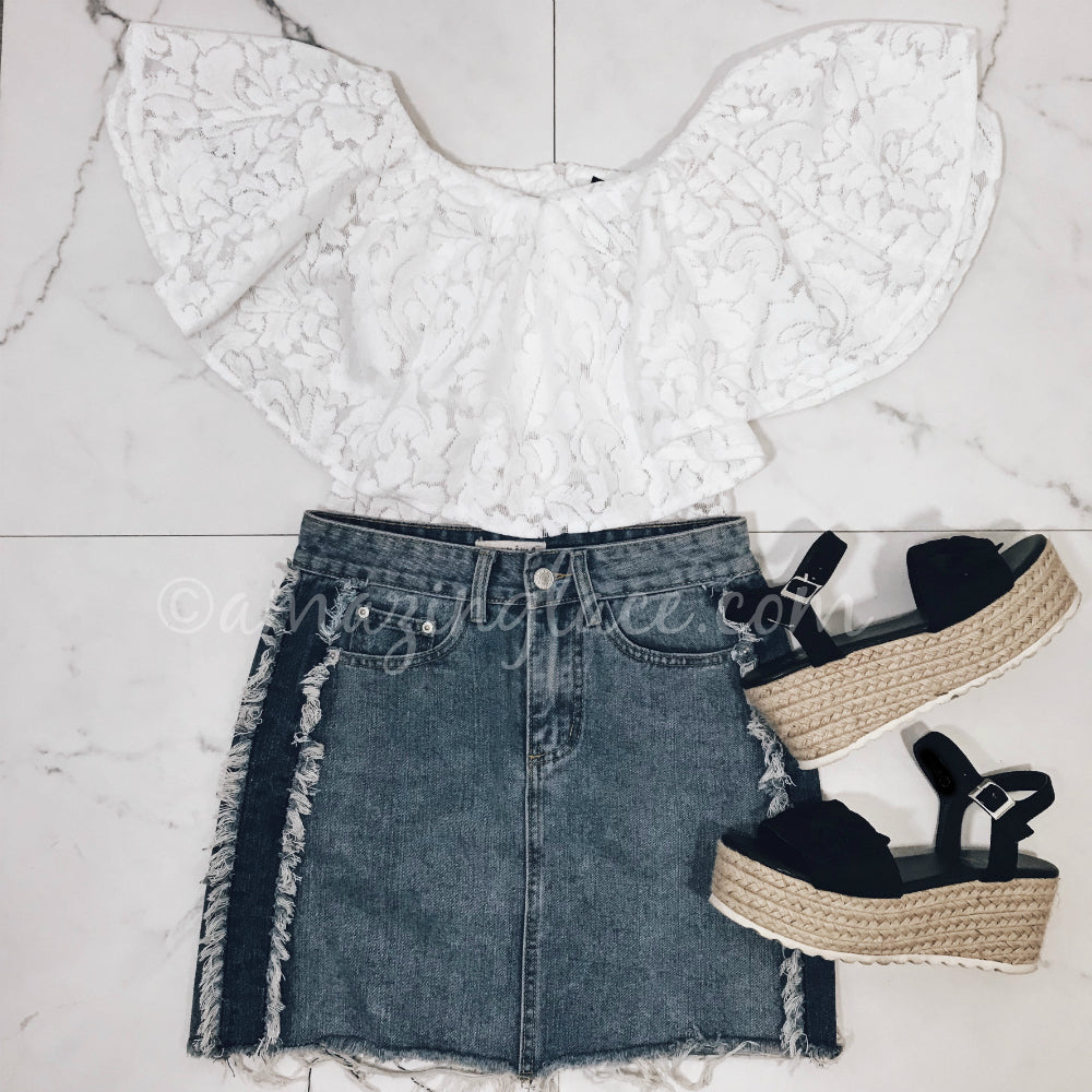 LACE BODYSUIT AND DENIM SKIRT OUTFIT