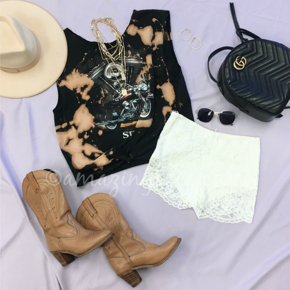 VINTAGE TEE WITH LACE SHORTS AND VINTAGE BOOTS OUTFIT