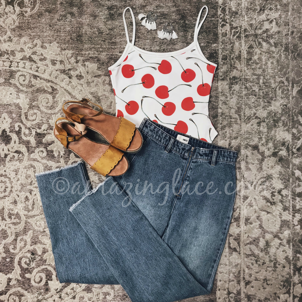 CHERRY BODYSUIT AND AMUSE JEANS OUTFIT