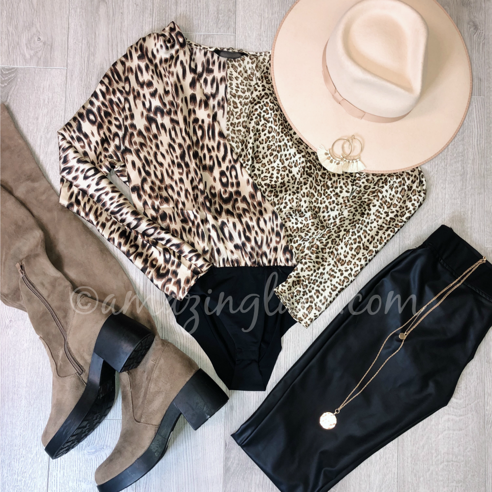 GOLD LEOPARD BODYSUIT AND BROWN BOOTS OUTFIT