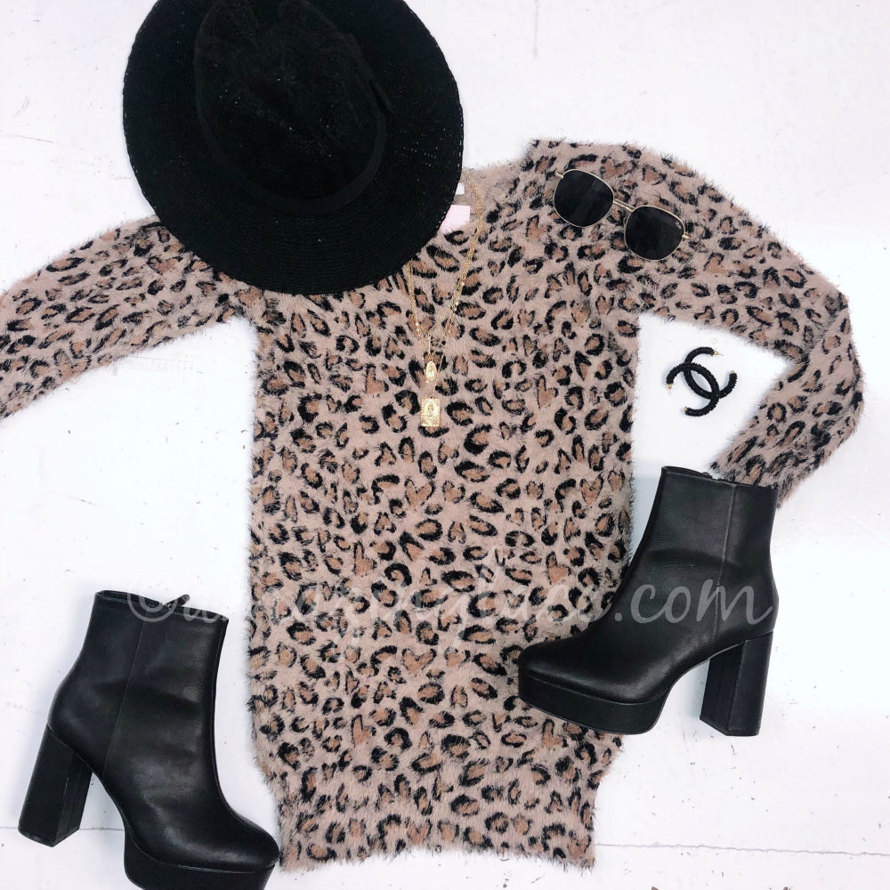 LEOPARD MOHAIR DRESS AND BOOTS OUTFIT