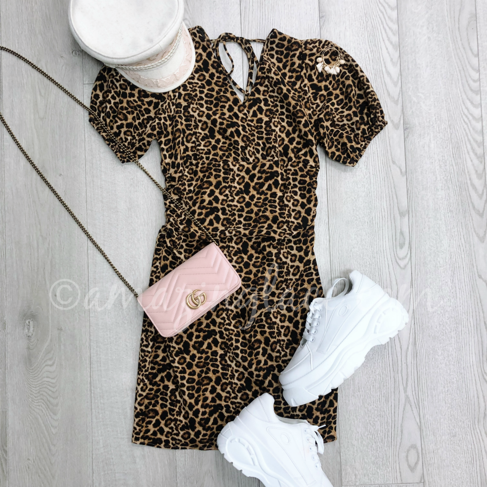 LEOPARD DRESS AND PLATFORM TENNIS SHOES OUTFIT