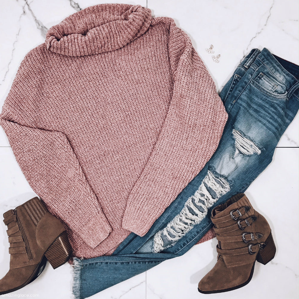 MAUVE CHENILLE TURTLENECK SWEATER AND BOOTIES OUTFIT