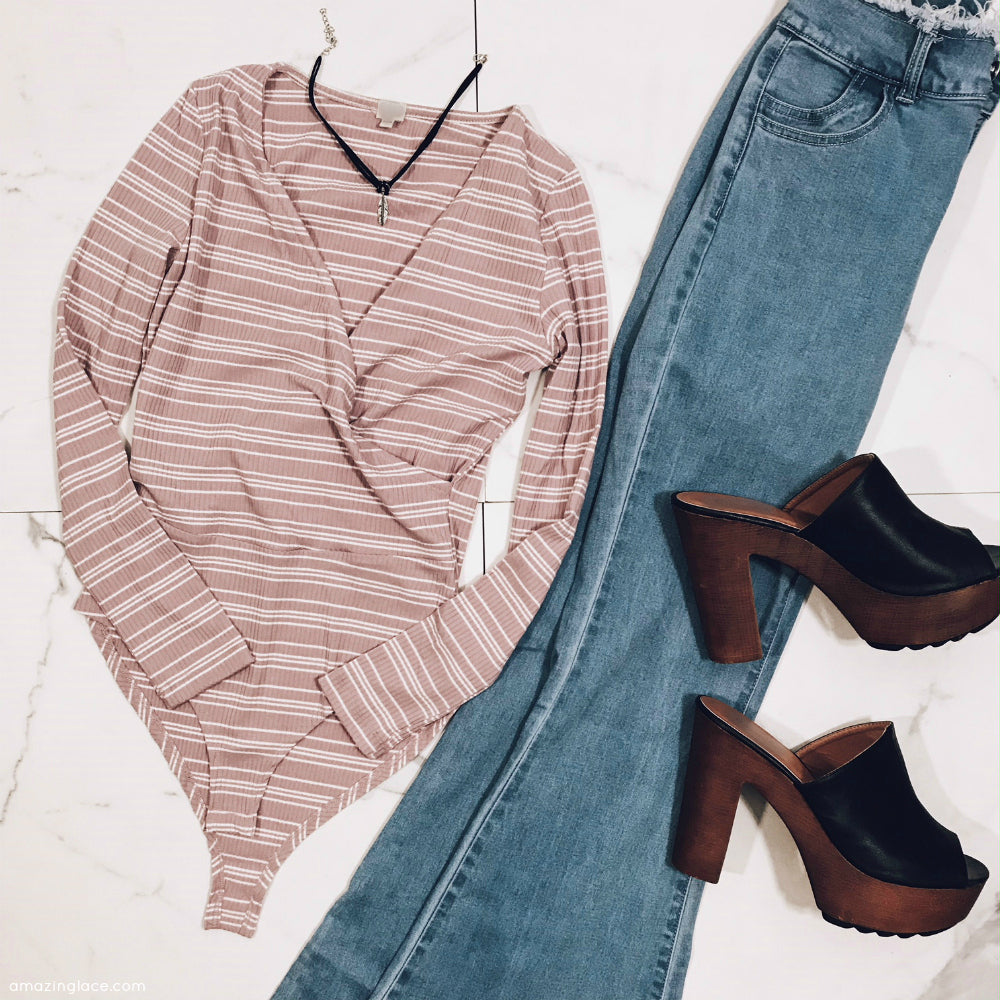 MAUVE STRIPED BODYSUIT AND BELL BOTTOMS OUTFIT