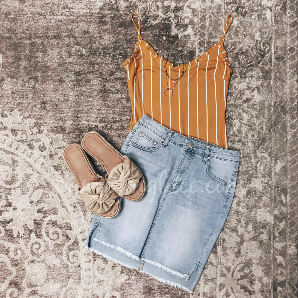 STRIPED MUSTARD BODYSUIT AND DENIM SKIRT OUTFIT