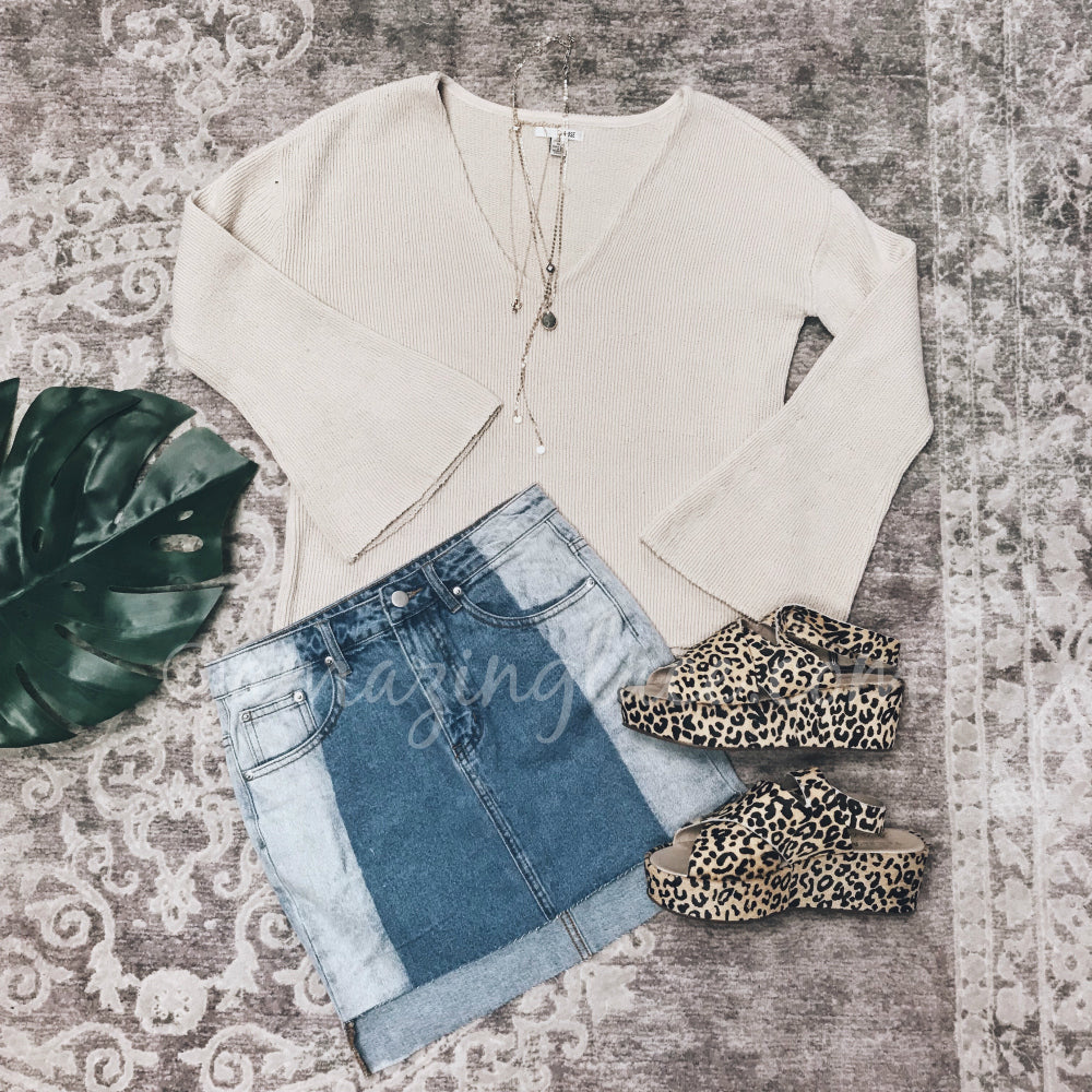 TAN BELL SLEEVED TOP AND DENIM SKIRT OUTFIT