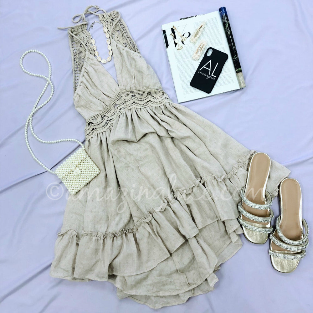 BEIGE HALTER DRESS AND RHINESTONE SLIDES OUTFIT