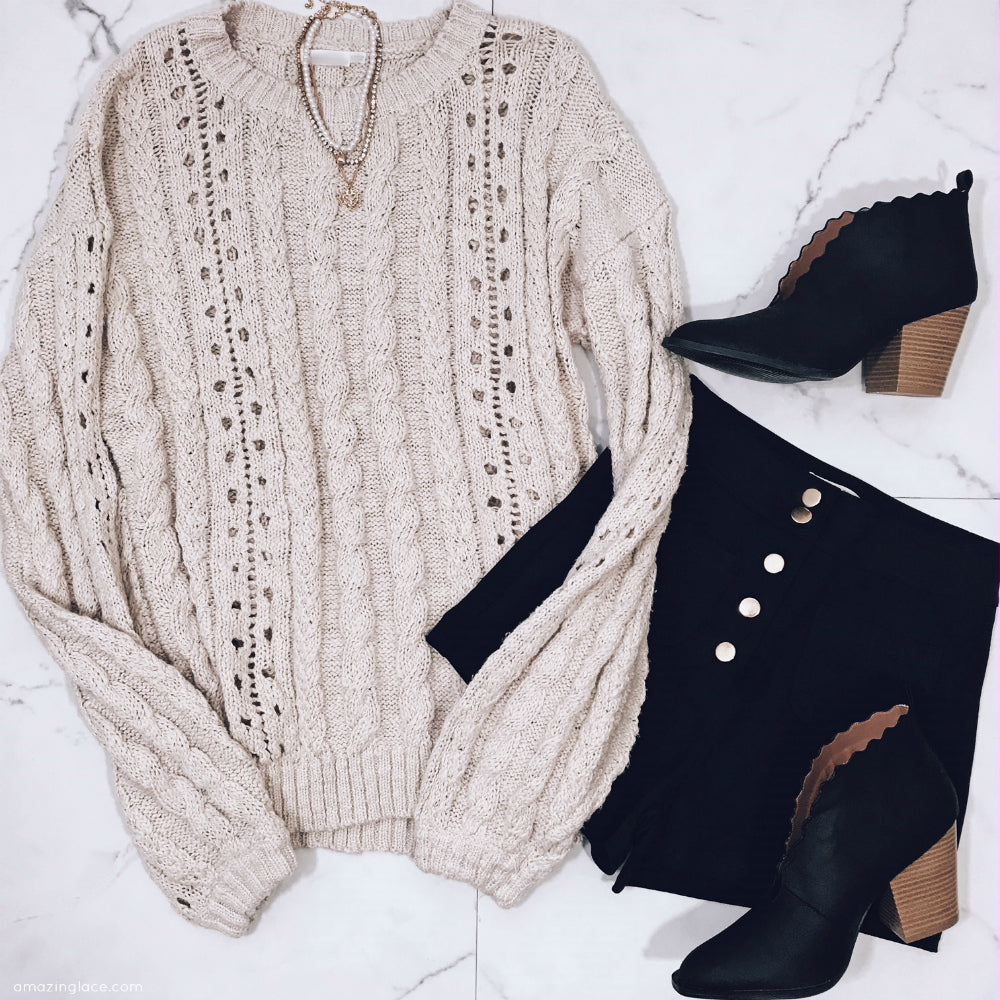 NUDE SWEATER AND BLACK SHORTS OUTFIT