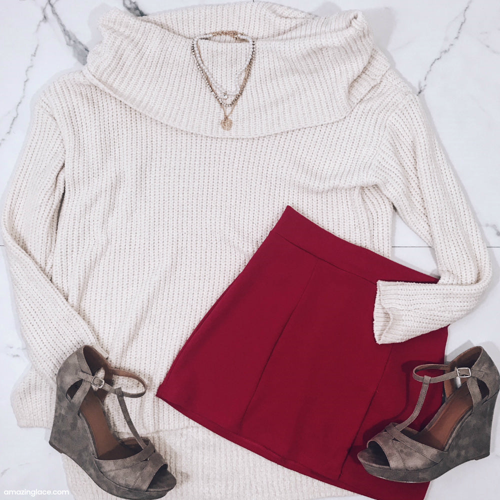 IVORY SWEATER AND FUCHSIA SKIRT OUTFIT